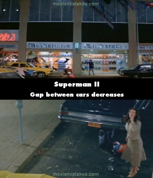 Phim Superman II, 2 chiếc ô tô màu vàng và đen đang đỗ đã xích lại gần nhau hơn rất nhiều chỉ trong khoảng thời gian 3 giây